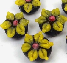 6 Lampwork Handmade Glass Yellow Black Flower Beads 13mm