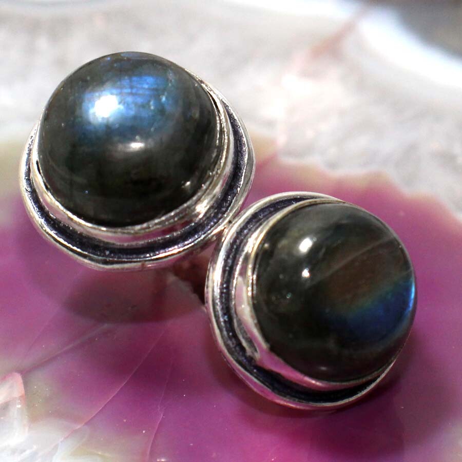 925 Silver Fiery Labradorite Round Stud Earrings 16mm Jewelry for Women