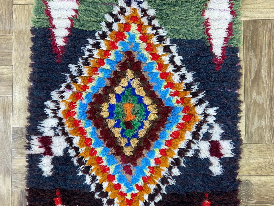 Moroccan Rug Vintage Area Handmade Carpet Tribal Runner Boucherouite 9.5'X2'ft - Image 4 of 4