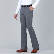 Men Retro Herringbone Bell Bottom Flared Pants Business Casual Trouser Slim