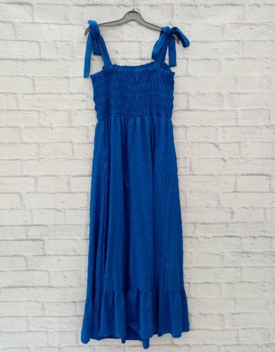 Shein Dress Size L 12-14 Blue Elasticated Bodice Midi Maxi Shoulder Ties Frill - Picture 8 of 16