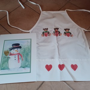 folk art watercolor snow man & Teddy Bear stenciled apron