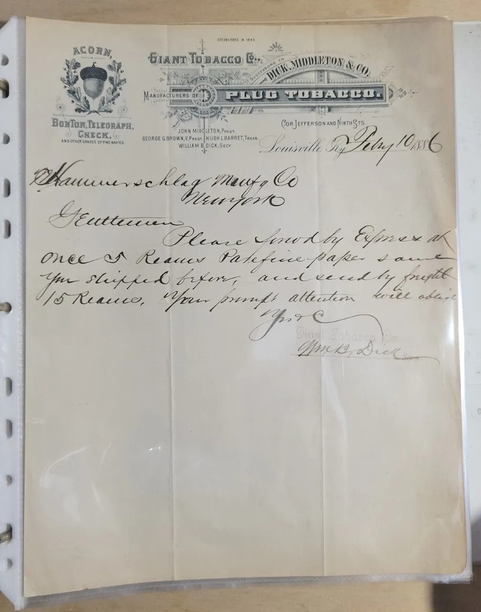 tobacco documents 1886 Antique Document Giant Tobacco Co. Louisville, KY,. Signed William B.  Dick