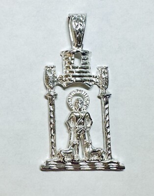 Sterling Silver ''San Lazaro'' Saint Lazarus in Castle Tower 2 3/4-Inch Pendant