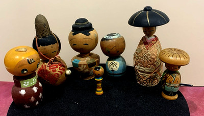 Vintage Lot of 7 Kokeshi Dolls Bobble Creative Traditional Traveler 1 1/4'' - 4''
