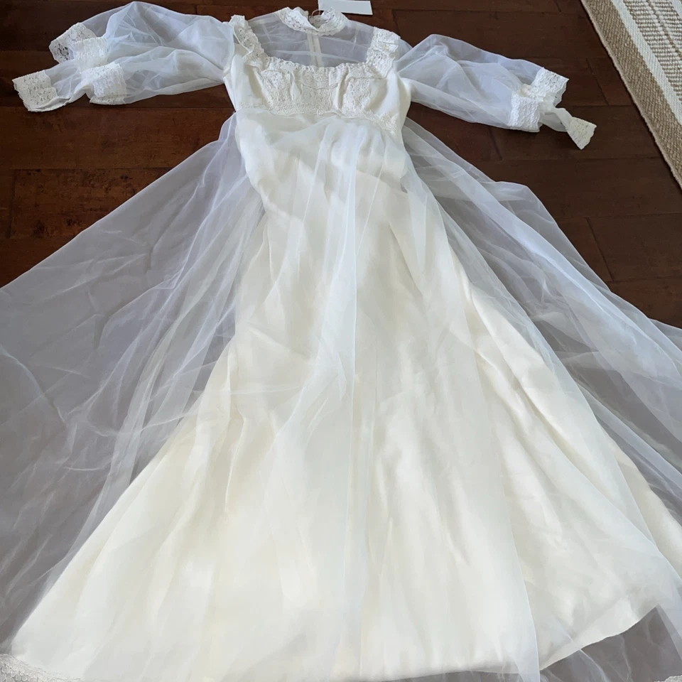 Vestido de novia vintage vestido imperio cintura largo tren capas encaje mangas boho Foto 2 de 4