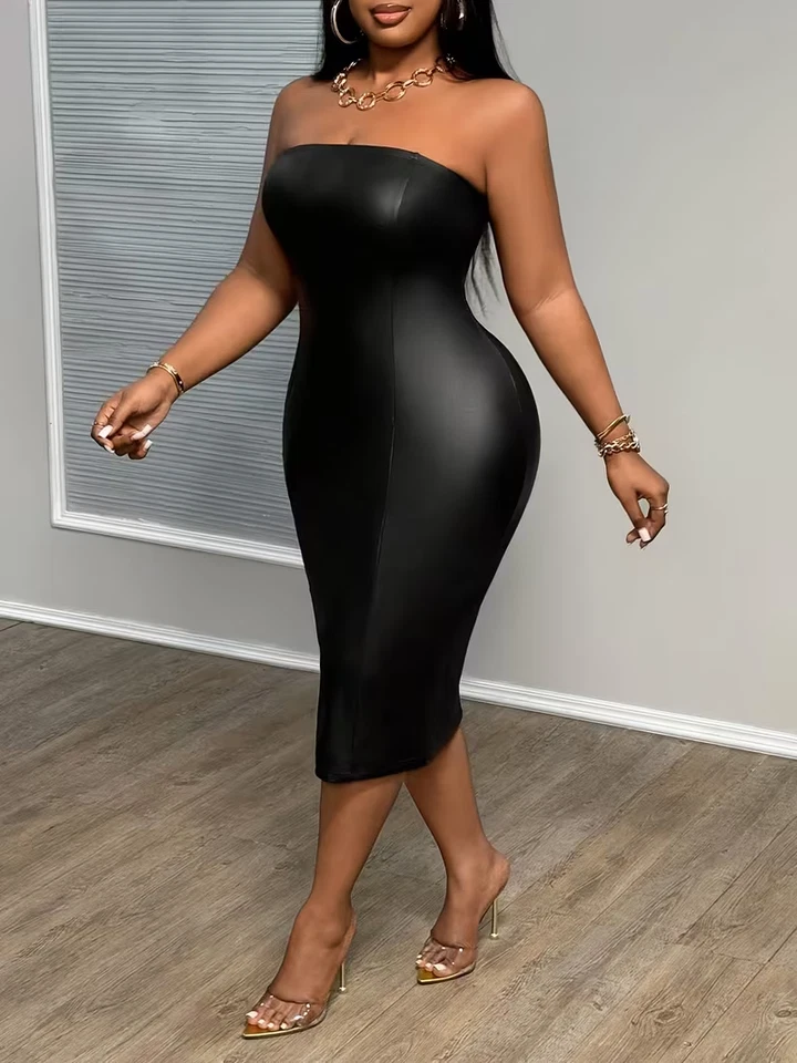 robe sexy sans manche et en cuire PU sans bretelles , robe midi - Photo 1/3