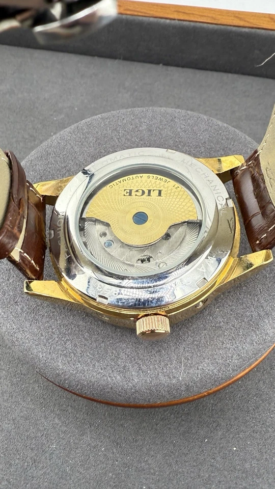 LIGE Automatic Men’s Watch Open Heart Day/Date 21 Jewels Gold Tone Brown - Image 3 of 4