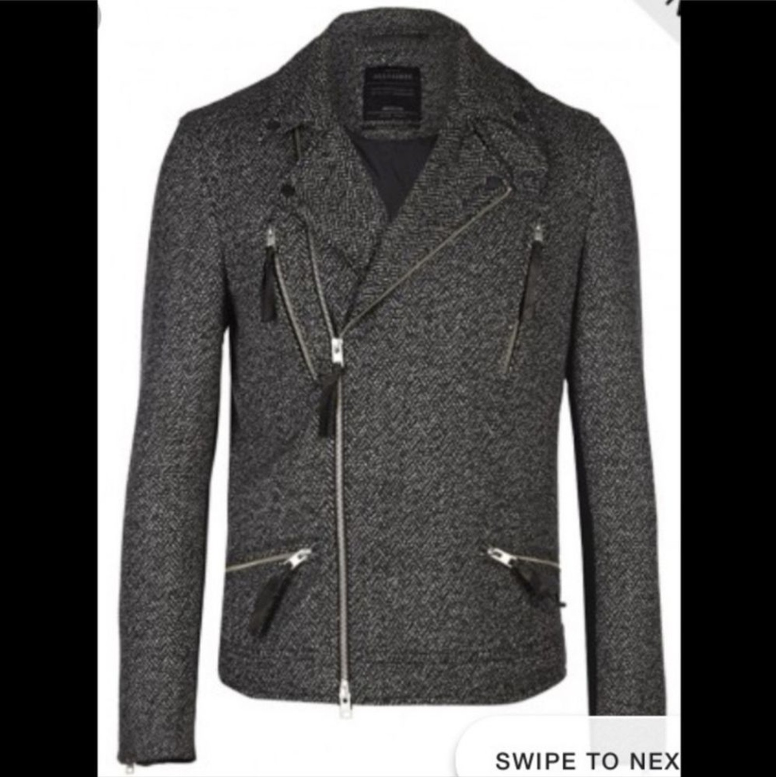 Rare! All Saints Black and White Wool Tweed Herringbone Jacket XL Biker image 6