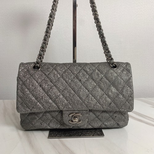 AUTH Chanel Classic Flap Silver Glitter Silver Hardware Shoulder Crossbody Bag