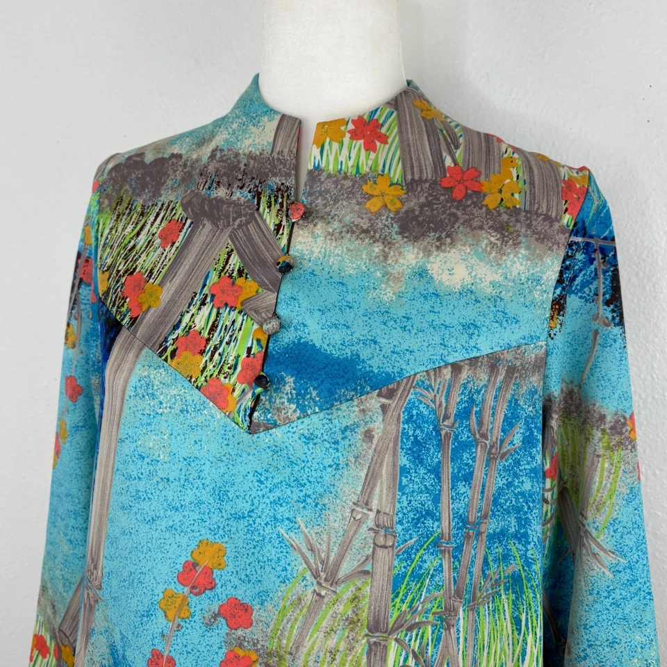 Tori Richard Honolulu Kaftan MuuMuu Dress Vtg Size 12 Maxi Colorful Bamboo Blue - Image 2 of 4