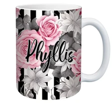 15oz Pink Roses Floral Mug, , Gift4her, Monogram Mug, Sublimation Mug