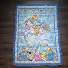 Vintage Baby Quilt Blanket Teddy Bear Rocking Horse Bunny Lamb Blue Ruffle 43x32