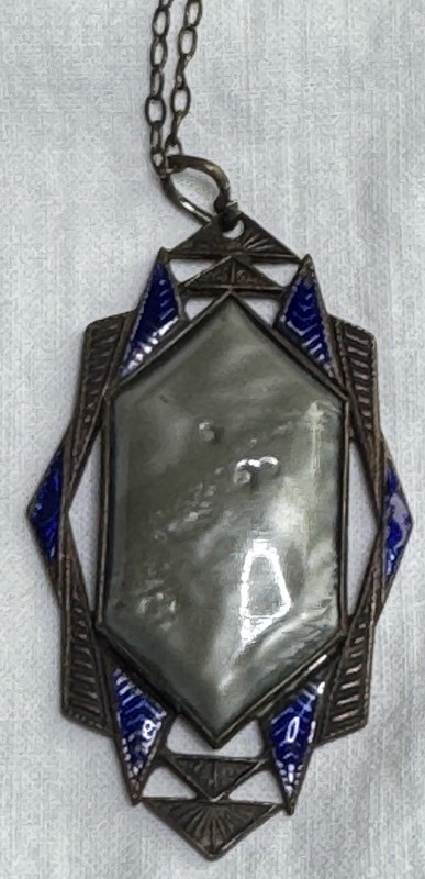 Art Deco 1920s Filigree Green Czech Glass Pendant Necklace~ Blue Enamel Antique