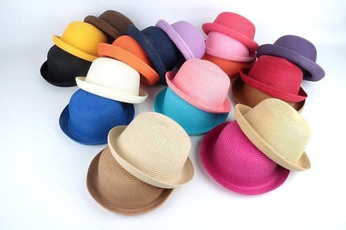 Women Ladies Straw Bowler Derby Hat Cap Roll up Clothe Summer Beach Sun Cap - Picture 2 of 24