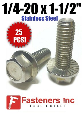 (Qty 25) 1/4''-20 x 1-1/2'' Stainless Steel Hex Cap Serrated Flange Bolt FT UNC