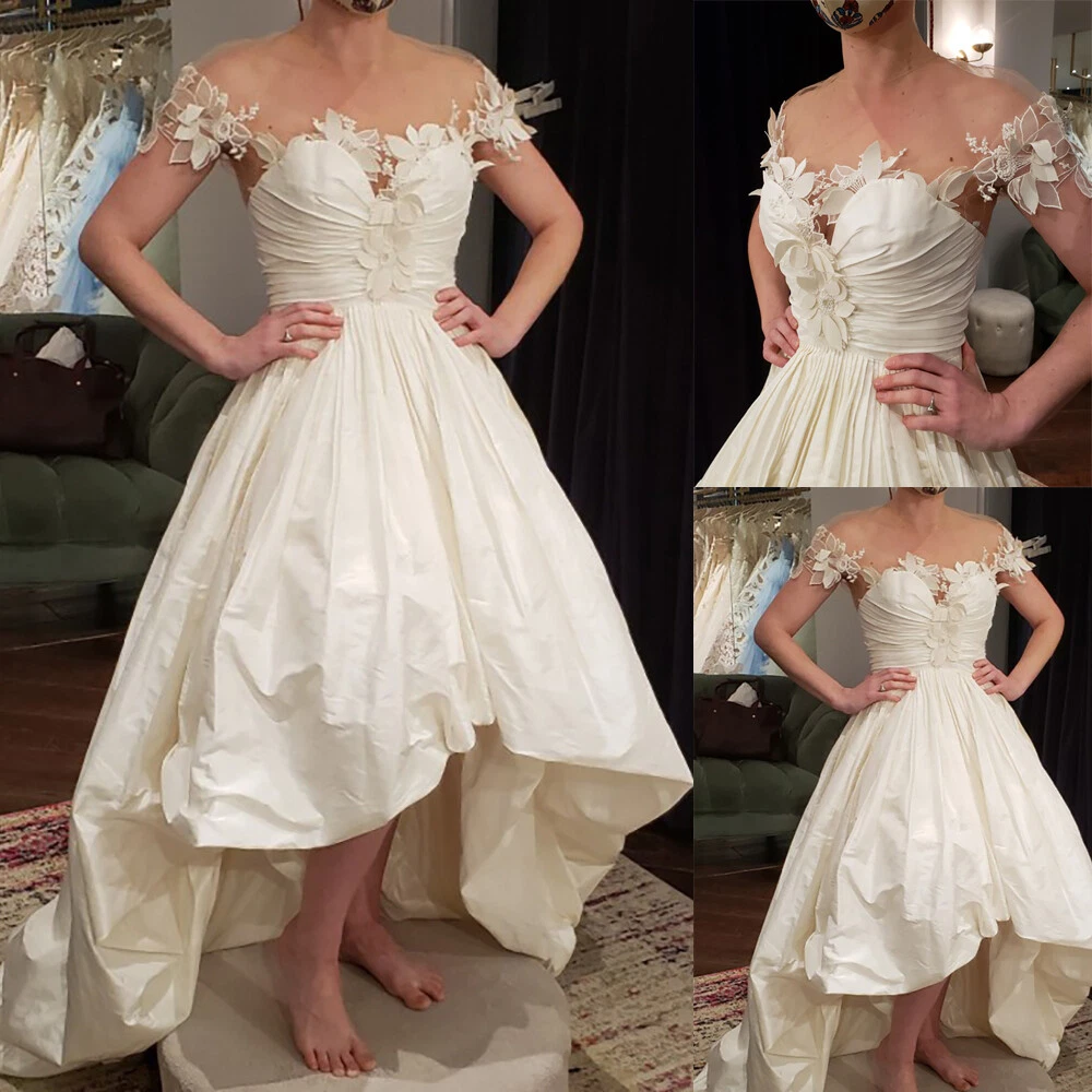 Vintage High Low Taffeta Wedding Dresses Cap Sleeves White Ivory Bridal Gowns
