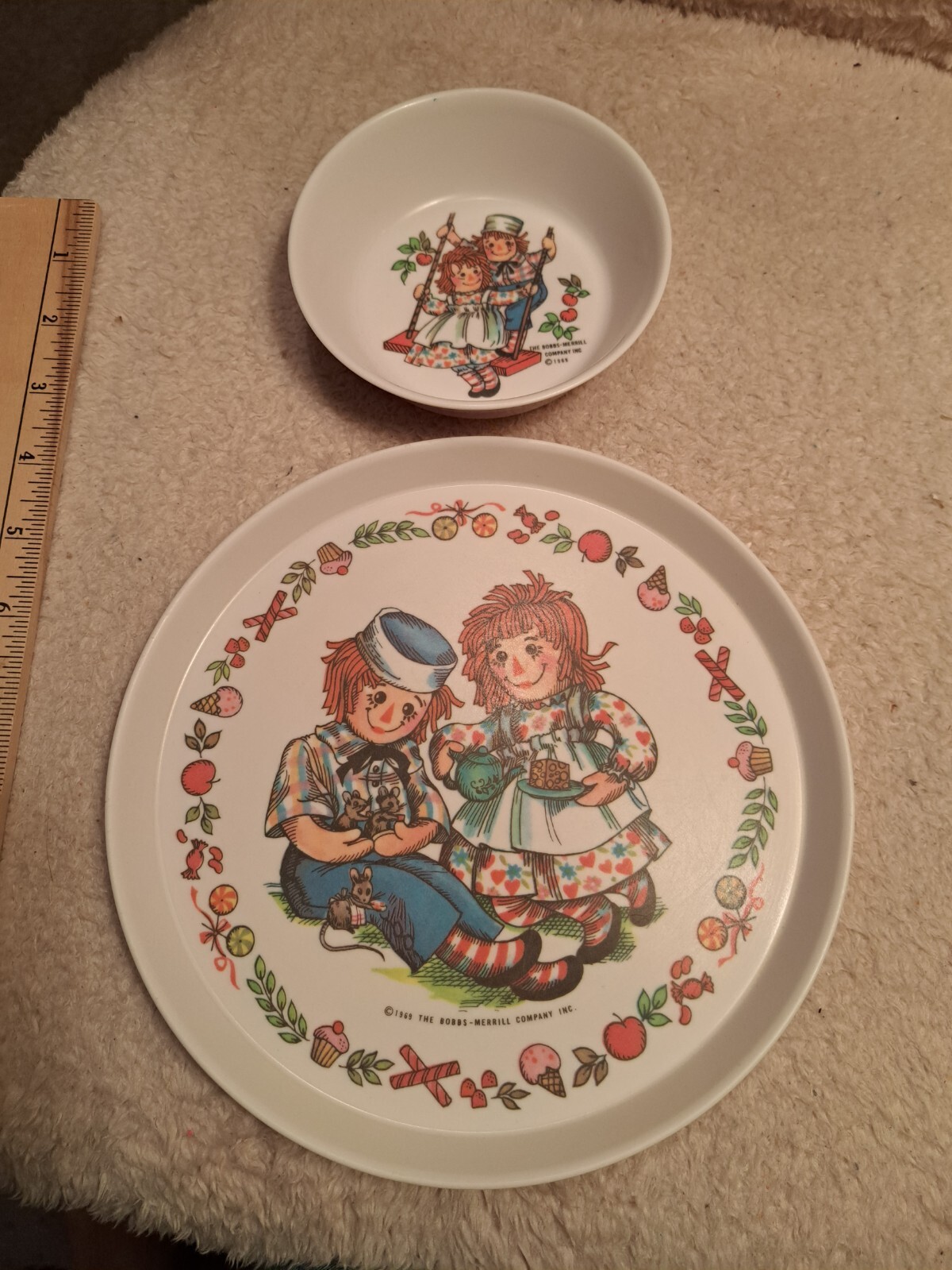 Raggedy Ann and Andy Plate and Bowl Child's dish set 1969 Doll Advertising 2 pc