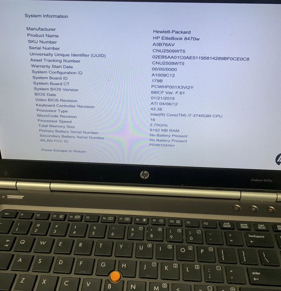 HP EliteBook 8470w Intel i7-3740QM 2,7 GHz 4 GB de RAM no disco duro Foto 2 de 4