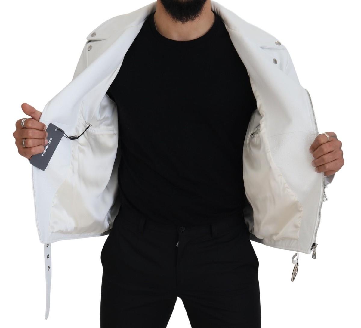 DOLCE & GABBANA Jacket White Leather Biker Coat Zipper IT46