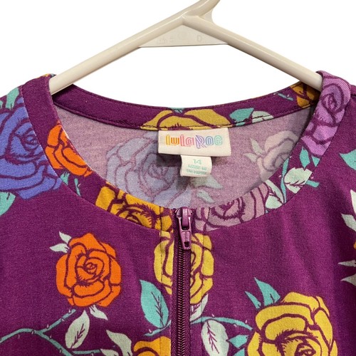 LuLaRoe Kids Monroe Zip Jacket Size 14 Pockets Bomber Roses Purple Elastic Waist - Picture 3 of 4