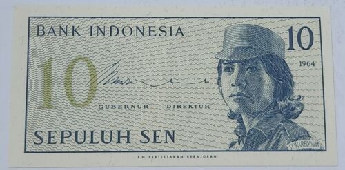 INDONESIA 🇲🇨 TEN (10) SEPULUH SEN BANKNOTE UNCIRCULATED 1964 - Picture 1 of 2