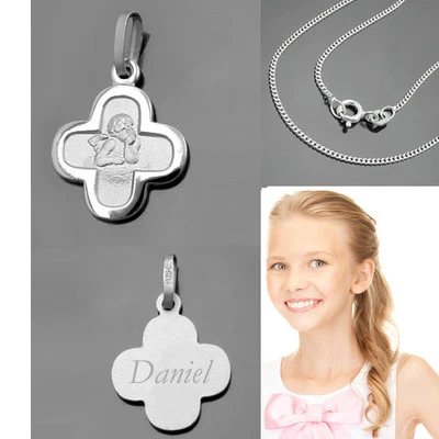 FACHHANDEL-DIREKT Kreuz Schutzengel Anhänger mit Namen Gravur Taufe Kommunion mit Kette Silber 925