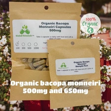 Organic Bacopa Monneiri (water hyssop, brahmi) 500mg and 650mg vegetarian or