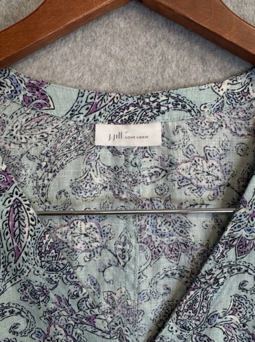 J. Jill Love Linen Paisley Dress Blue Purple V-Neck 100% Linen Boho Midi M/L - Picture 4 of 13
