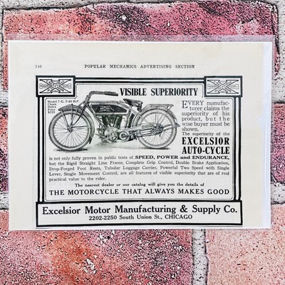 1914 Excelsior Motor Mfg  Motorcycle Visible Superiority - Original Vtg PRINT AD