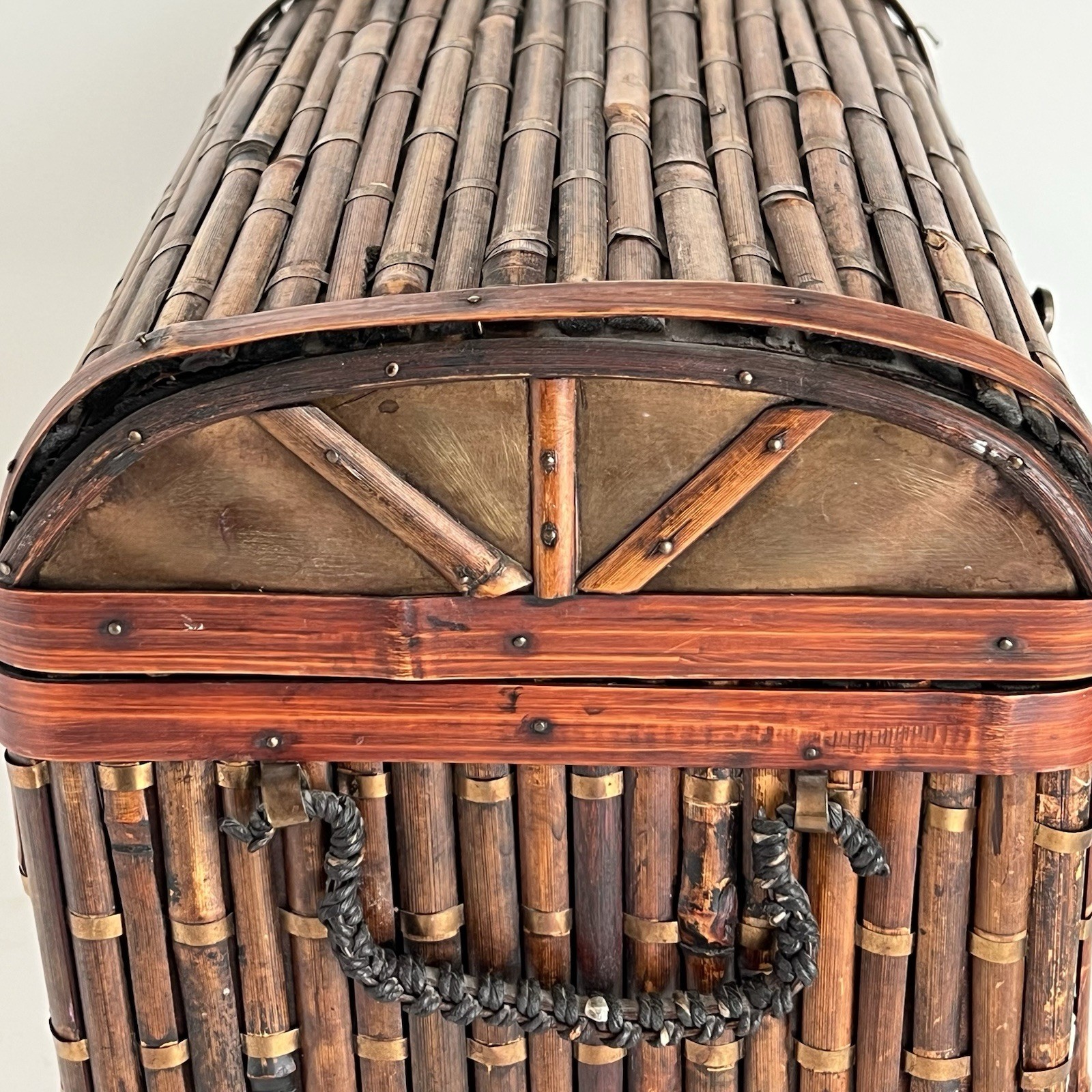 Bamboo & Tin Chest Trunk With Metal Latch & Dome Lid Boho Cottage Cabin 10”
