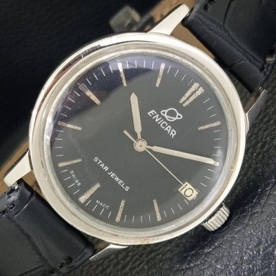 ENICAR STAR JEWELS VINTAGE HANDAUFZUG SWISS HERREN SCHWARZES ZIFFERBLATT UHR a703864-2
