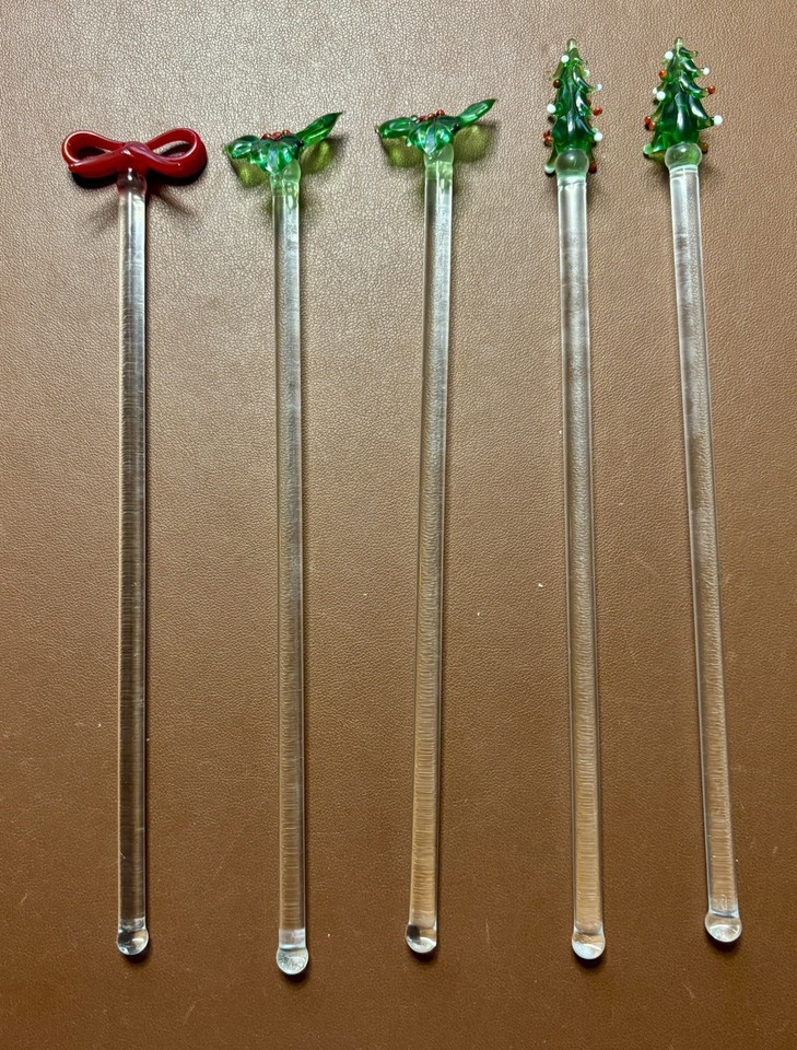 Vintage Glass Christmas Tree Swizzle Sticks Stirrers Set Of 5 Art Glass