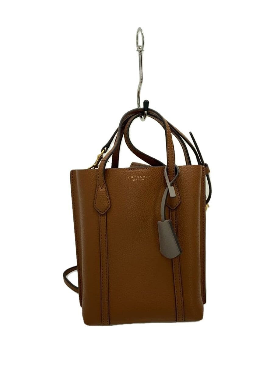 TORY BURCH Perry Mini Tote Brown Leather Shoulder Bag 2-Way Carry
