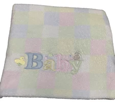 Baby Connection Blanket Plush Pastel Squares Fleece Embroidered Unisex