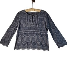 NEW Lucky Brand Medium Women Blue Dyed Eyelet Lace Long Sleeve Boho Blouse Cute