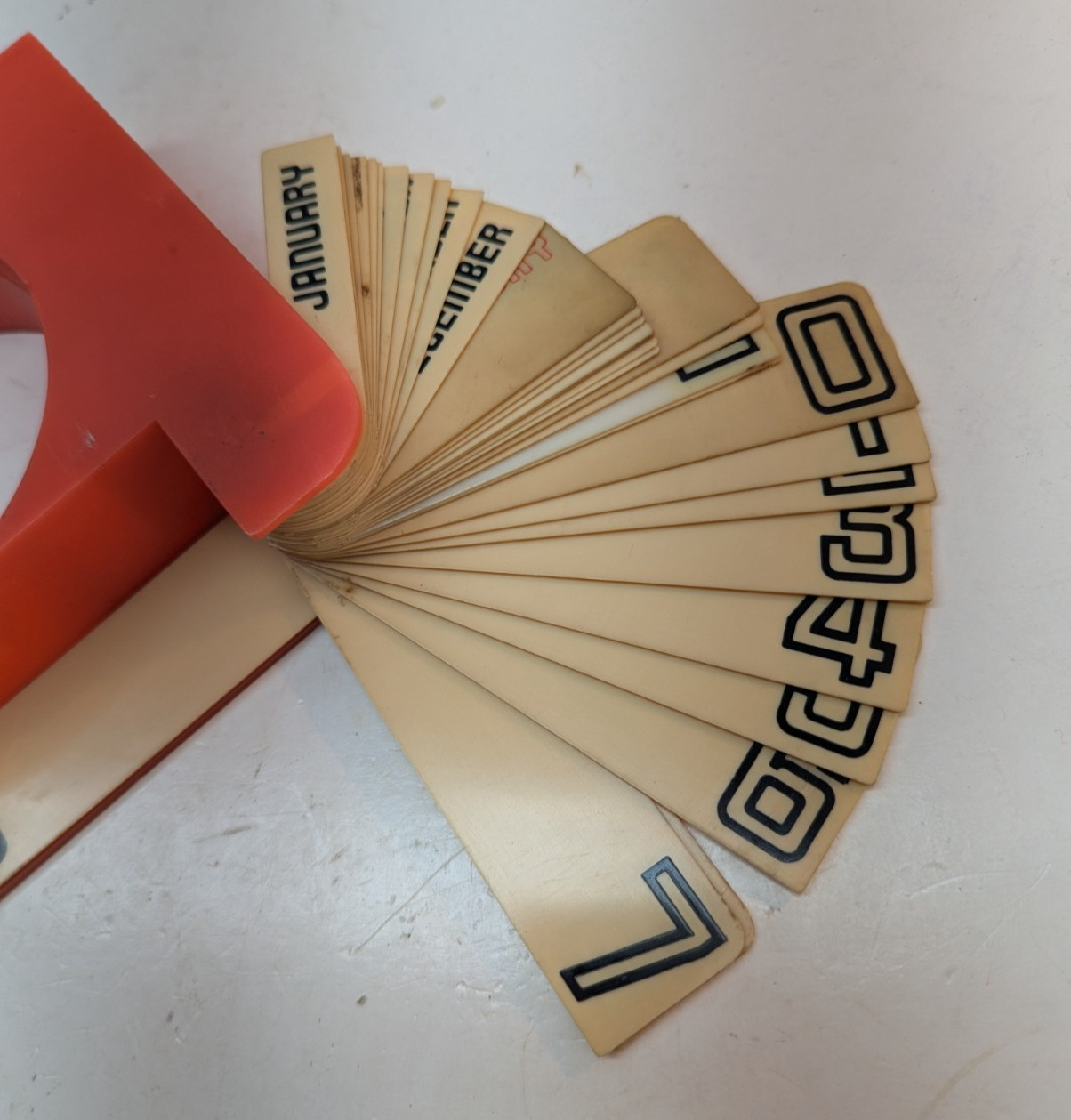 Vintage Mid Century MCM Mod Perpetual Flip Calendar Red Plastic Hong Kong