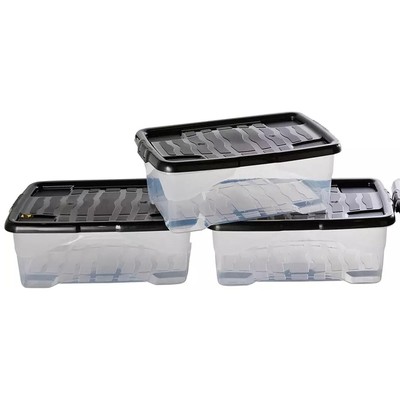 4 Aufbewahrungsboxen 30 Liter klar gebogen Unterbett mit starken schwarzen Deckeln