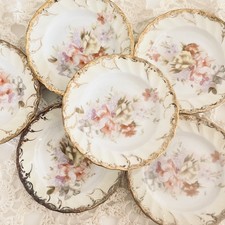 Antico piatto vintage 6 butter pats rose rosa bordo oro floreale porcellana 3,75"