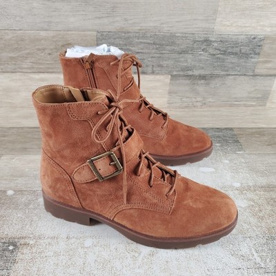 VIONIC Catina Womens Booties Sz 7.5 Tan Suede Buckle Lace Up Side Zip Ankle Boot