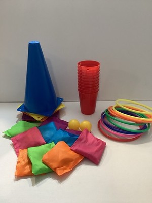 Carnival Game Set 38 Piece Set Plastic Cones Rings Bean Bags Stacking Cups ..