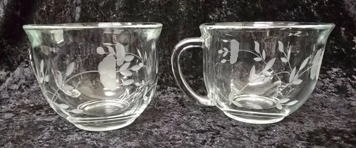 2 Princess House Heritage Cappuccino Mug Clear Blown Glass Cups Etched Floral