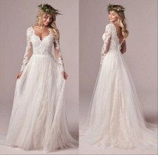 Boho Plus Size Wedding Dress Long Sleeve Tulle Lace Open Back A Line Bridal Gown