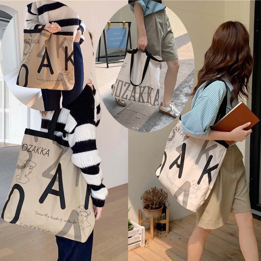 Canvas Tote Bags Letter Print Cotton Shoulder Handbag for School Travel  Shopping