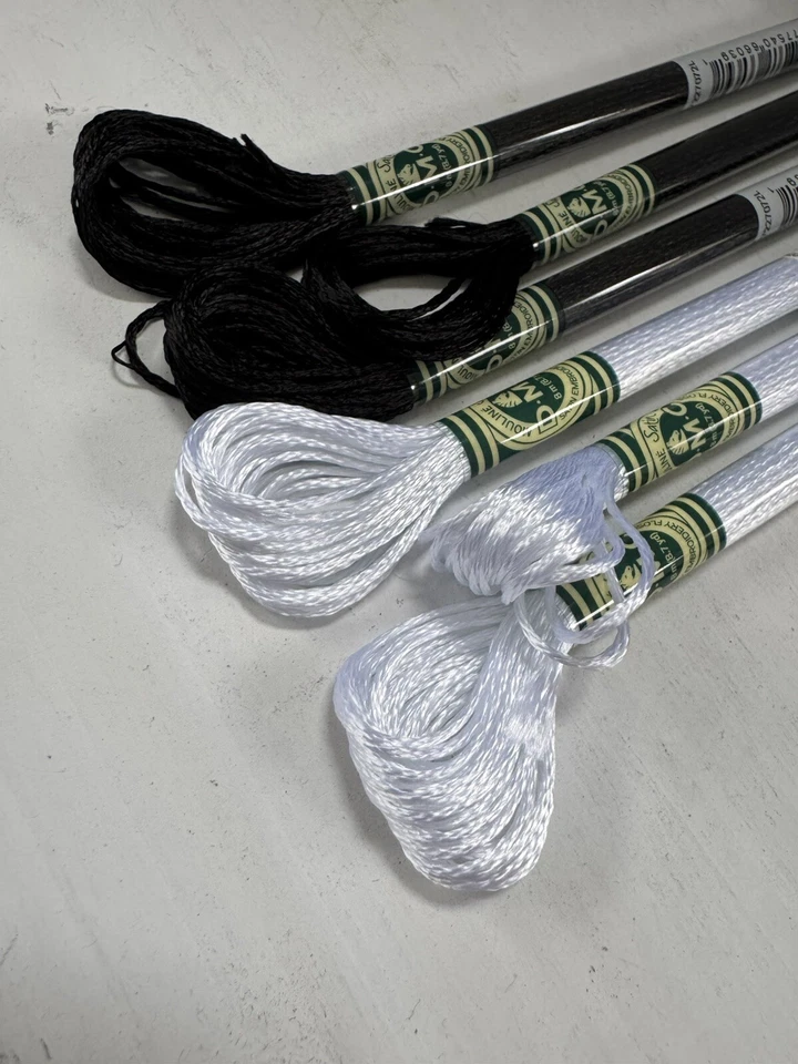DMC Satin Embroidery Floss~Lot of 6 Skeins~Black S310 and Snow White S5200 - Image 2 of 4