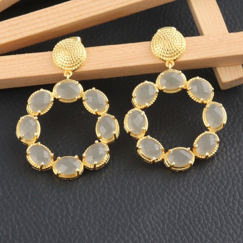 Checker Cut Chalcedony Quartz Gold Plated Wedding Jewelry Stud Dangle Earrings - Picture 37 of 64
