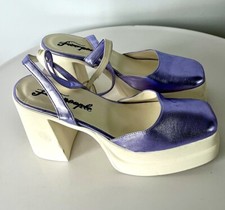 Free People Double Stacked Platform Mary Jane Metallic Leather Heels 37.5 7 /7.5