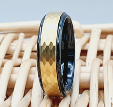 6mm Men's Wedding Band Gold Tungsten Hammered Wedding Band Black Engagement Ring