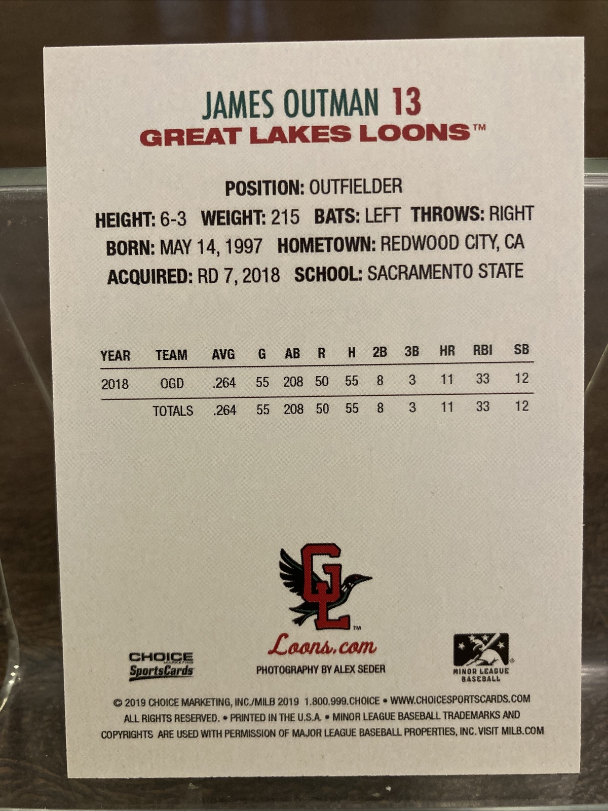 2019 Choice Great Lakes Loons James Outman Rookie RC #13 Dodgers