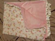 Little Me Baby Blanket Pink Rose Floral Satin Ruffle Trim Minky Soft Flowers EUC
